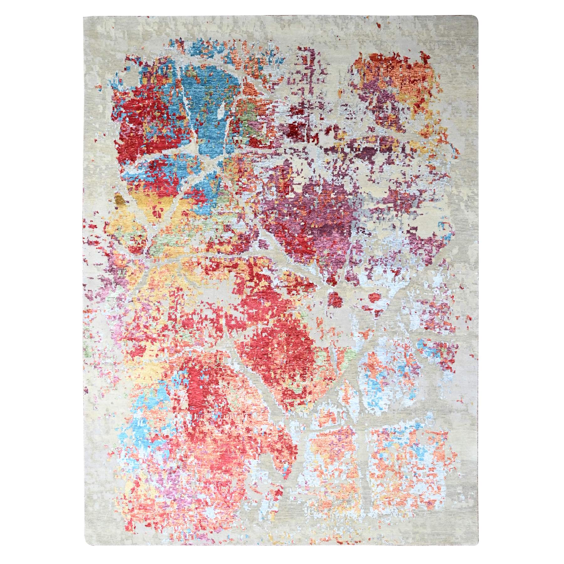 Imperial Red, Colorful Abstract Design, Wool and Plant Based Silk, Hand Knotted, Nepali Weave, Modern, Oriental Rug